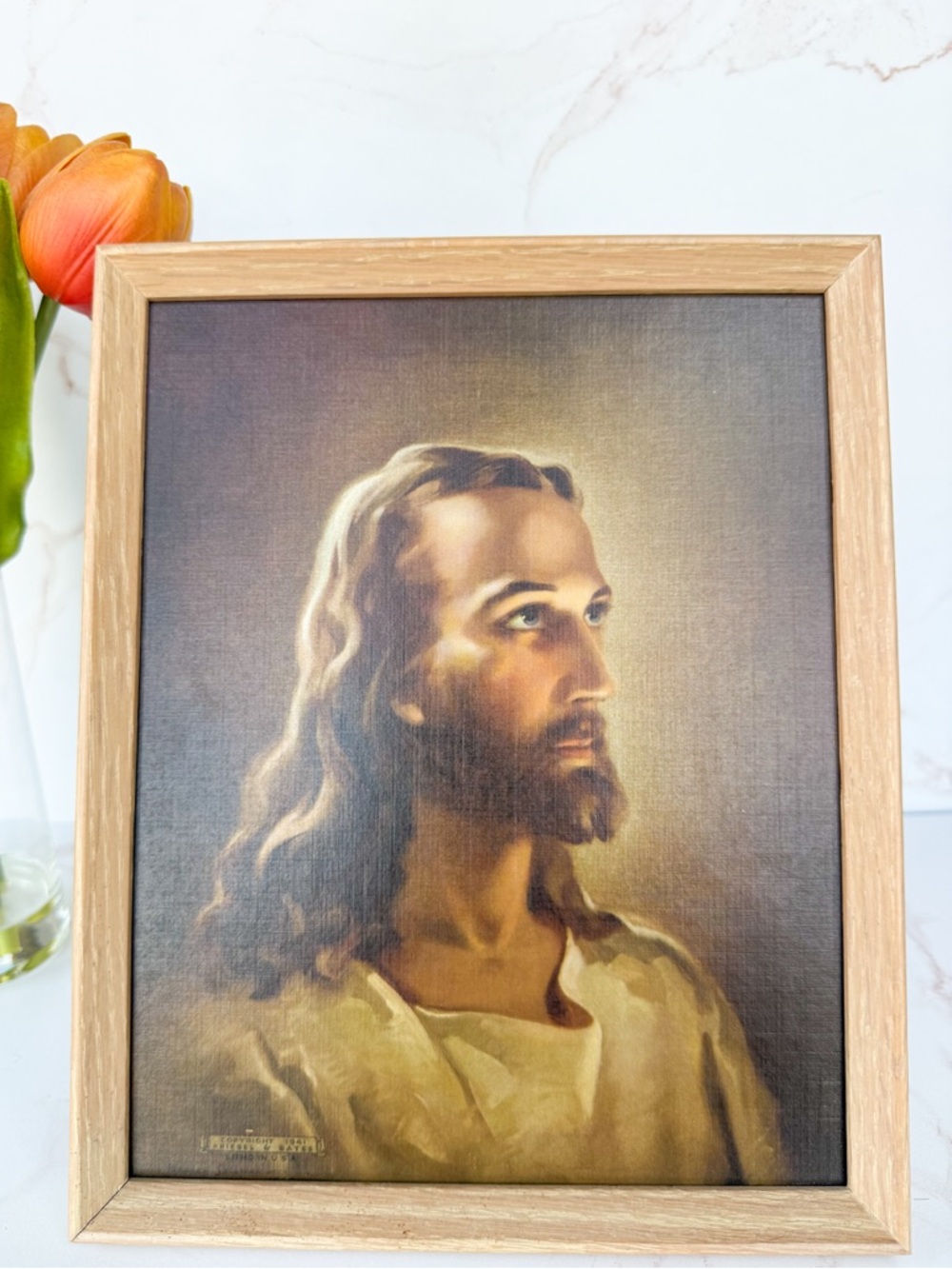 Vintage Religious Art 1941 Kriebel & Bates Lithograph Christ MCM Wood Frame